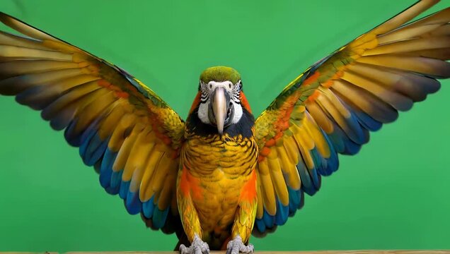 Stunning macaw parrot with vibrant plumage posing on a bright green background, perfect for educational content or advertising campaigns