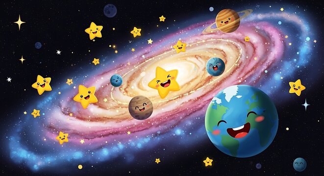 Cartoon galaxy with planets and stars illustration for education or design