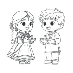 Traditional Indian clothing styles Chibi hand drawn line