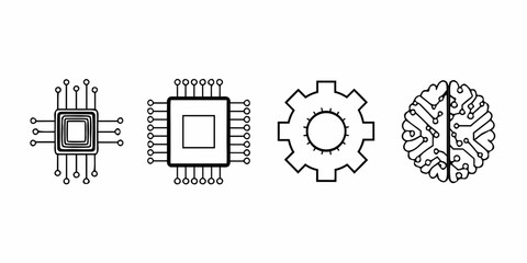 Illustration of four icons representing technology including a cpu a gear and an artificial brain design on transparent background