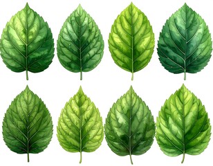 Eight watercolor-style green leaves, showing vein details and varying shades of color, arranged in a grid