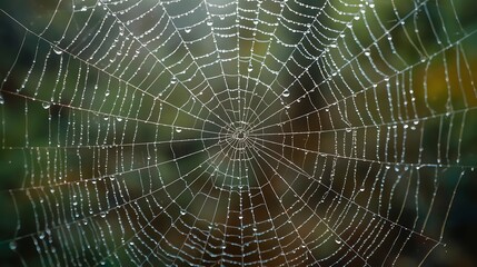 A spiderweb glistening with dew drops against a blurred green and brown foliage background outdoors