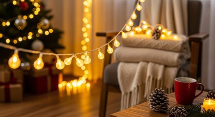 Christmas Lights String Hanging Across a Cozy Living Room, Warm Yellow Glow Illuminating Soft Blankets, Wooden Textures, and Festive Decorations