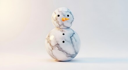 Elegant marble snowman sculpture with bright orange carrot nose and black button eyes