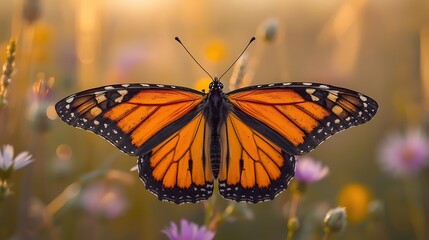 A monarch butterfly with open wings resting on a flower filled field in the golden hour light
