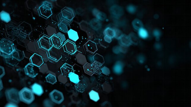 Digital glowing geometric shapes form a futuristic data structure background