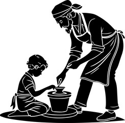 Silhouette of Adult Teaching Child Pottery on Wheel &ndash; Creative Learning Scene in Black and White