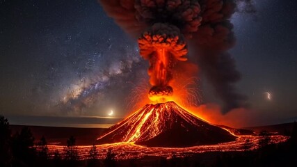 Erupting Volcano Under Starry Night Sky: Powerful Nature's Fury