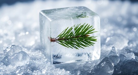 Fresh pine branch preserved in crystal clear ice cube, evoking winter's crisp beauty and nature's stillness.