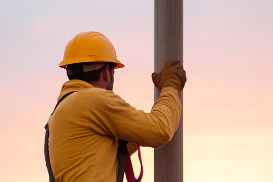 A construction worker in safety gear, wearing a yellow hard hat and gloves, is holding onto a pole with a sunset background. A dedicated professional ensures safety and reliability.