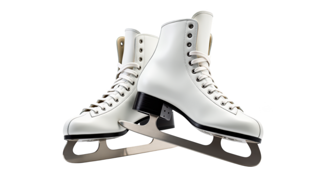 Ice skates are essential for winter sports, featuring sleek design with white leather and silver blades, perfect for skating on ice