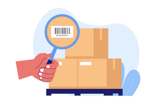 Illustration of Barcode Tracking and Inventory Identification. Hand Holding Magnifying Glass to Scan Product Label for Accurate Stock Management and Logistics Process