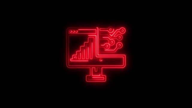 Red Neon Computer Monitor with Graph and Circuit Board Icon screen display