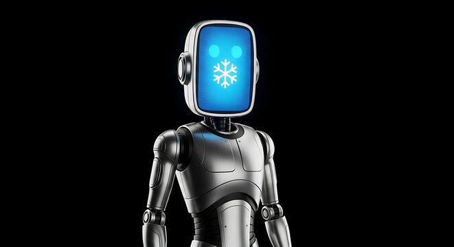 Futuristic robot with glowing screen displaying a snowflake, symbolizing AI and technology advancements.