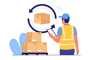 Illustration of Inventory Turnover Rate Optimization. Business Worker Analyzing Stock Rotation Cycle and Efficiency Metrics for Profitable Supply Chain Management