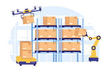 Illustration of Smart Warehouse Automation. Drone and Robot Arm Technology Working Together for Efficient Inventory Management and Digital Logistics Operations