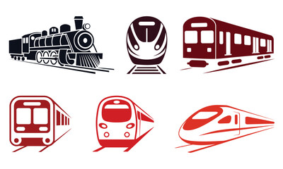 Minimalist vector illustration set of vintage and modern trains including steam locomotive, metro, passenger and bullet train designs