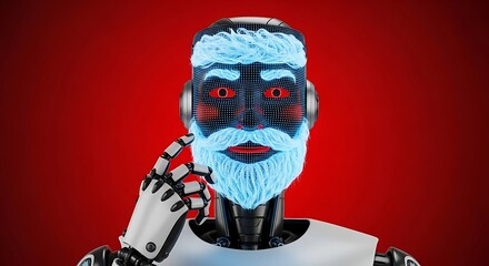Futuristic robot with glowing blue beard and red eyes touches chin, contemplating innovation on red background