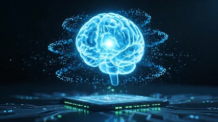 Futuristic glowing brain hologram emerging from advanced computer chip, symbolizing AI and innovation. - Powered by Adobe