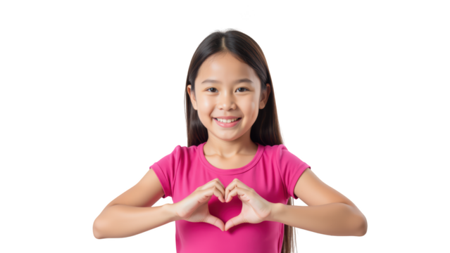 Cheerful girl making heart shape with her hands, wearing pink shirt, expressing joy and positivity