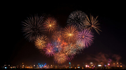 Fototapeta premium firework of year 2026 greeting during new year eve countdown celebration, real golden and heart shape fireworks festival in the sky display at night
