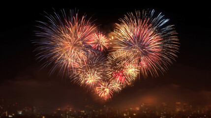 firework of year 2026 greeting during new year eve countdown celebration, real golden and heart shape fireworks festival in the sky display at night