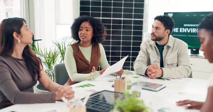 Planning, solar panel and meeting with business woman in office for photovoltaic pitch, team or workshop. Renewable energy, grid prototype and sustainability project with employees in eco startup