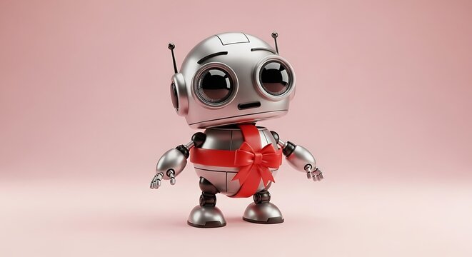 Adorable robot with festive red ribbon bow, a perfect gift concept for technology or holiday promotions