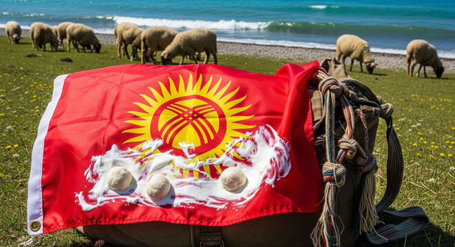 Kyrgyzstan flag with kurut cheese by the water with sheep.
The vibrant red national flag of Kyrgyzstan is draped over a backpack in a scenic, grassy field