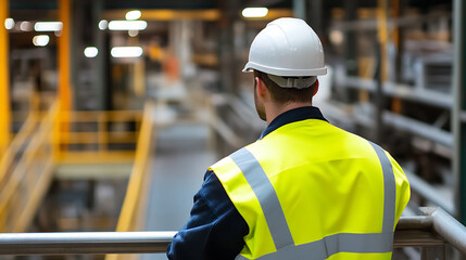An engineer in a safety vest and hard hat overlooks a factory floor from an elevated platform, observing operations and ensuring safety protocols are followed. Industry inspection.