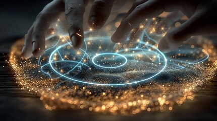金色の粒子と青い光の回路に触れ、データを操作する両手 | Two Hands Interacting with a Golden Particle and Blue Light Circuitry, Manipulating Data - Powered by Adobe