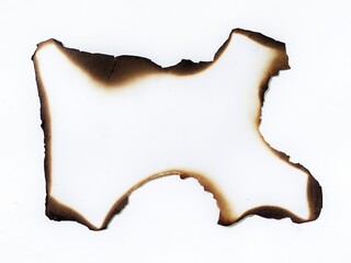 White sheet with burnt and torn edges isolated on white background. Burn paper texture piece with dark edges. Burnt paper isolated on white background with clipping path.
