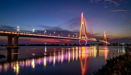 Obraz premium Evening scene of a illuminated cable-stayed bridge reflecting in still water. Colorful lights highlight the bridge's structure against a dusky sky