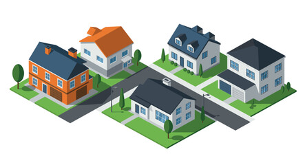Modern isometric neighborhood scene with colorful houses on green plots