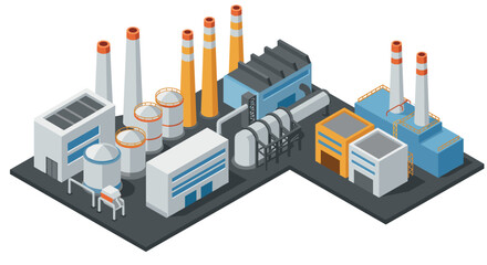 Obraz premium Isometric industrial factory complex with chimneys and storage tanks