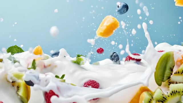 Assorted tropical fruits explode into a dynamic creamy splash, vibrant color and crisp detail delivering irresistible taste cues for packaging, supermarket ads and social recipe content.