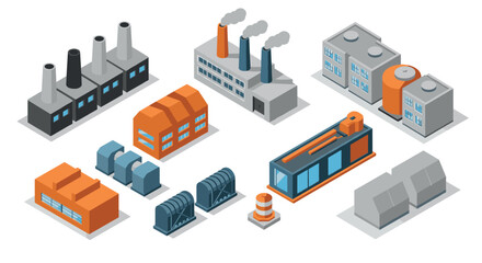 Obraz premium Isometric factory buildings set with industrial structures and equipment