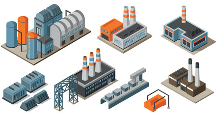 Obraz premium Set of isometric industrial factory buildings and structures with chimneys