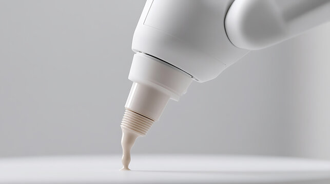 Close-up of a white dispensing machine with a liquid drop, showcasing precision and controlled release in a minimalist, clean setting, perfect for industrial automation content.