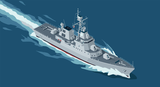 Modern navy destroyer sailing on open sea in isometric perspective