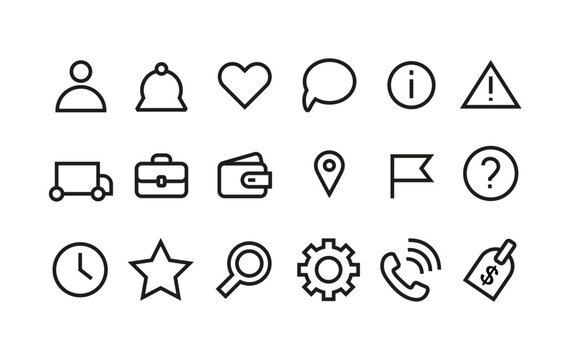 Universal line icons set. Outline vector symbols for app, web, and user interface design. Collection of minimal outline icons including user, heart, chat, location, settings, and phone symbols. 