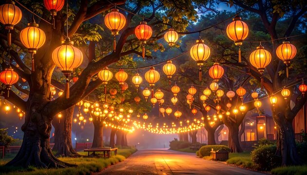Evening scene of a pathway lined with trees adorned with glowing lanterns and string lights, creating a festive, illuminated atmosphere