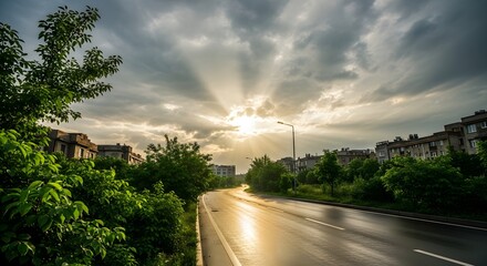 Dramatic sunset over wet road with sun rays breaking through clouds