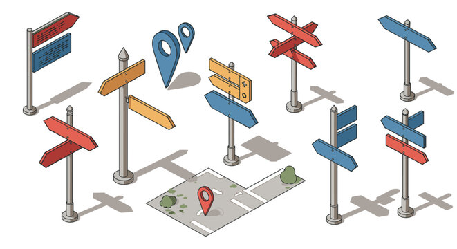 Colorful isometric signpost collection with map and location pins