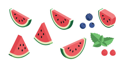 Fototapeta premium Fresh watermelon and berry composition with mint leaves in flat style