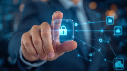 Hand interacting with a digital globe, surrounded by glowing lines and network patterns, suggesting global connectivity and technology.