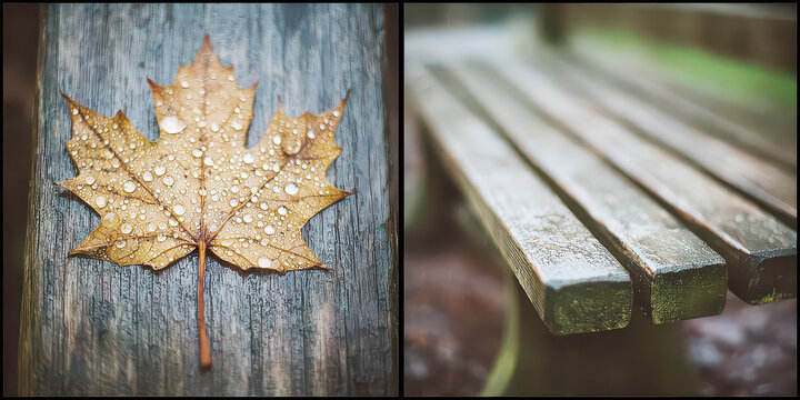 Diptyque of Wet Maple Leaf on Wood and Blurred Wooden Bench Slats After Rain