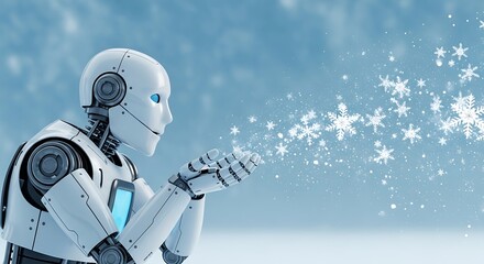 Futuristic robot blowing gentle snowflakes, a modern symbol of winter wonder and technological artistry.