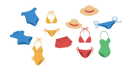 Colorful summer swimwear collection with hats in flat design