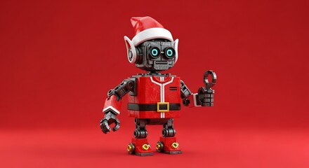Playful robot dressed as Santa Claus spreads holiday cheer with a cheerful gesture
